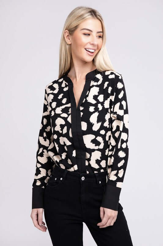 Black & White Leopard Notched Neck Blouse, Nuvi Apparel, $ 32.95