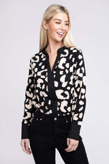 Shop Women's Black & White Leopard Notched Neck Blouse | Boutique Online, Blouses, USA Boutique