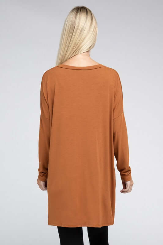 Dolman Long Sleeve V-Neck Side Slit Hi-Low Hem Top, ZENANA, $ 19.00