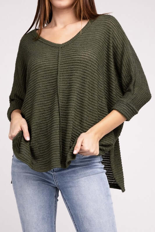 3/4 Sleeve V-Neck Hi-Low Hem Jacquard Sweater, ZENANA, $ 24.95