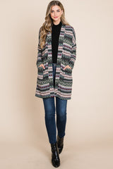 Boho Green Open Front Long Sleeve Cardigan with Pockets