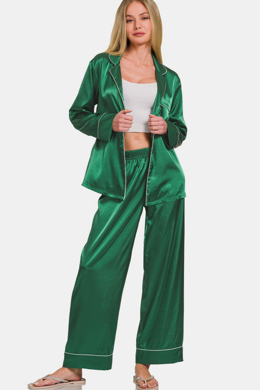 Hunter Green Satin Long Sleeve Shirt and Pants Pajama Set