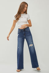 Dark Blue High Rise Distressed Wide Leg Jeans