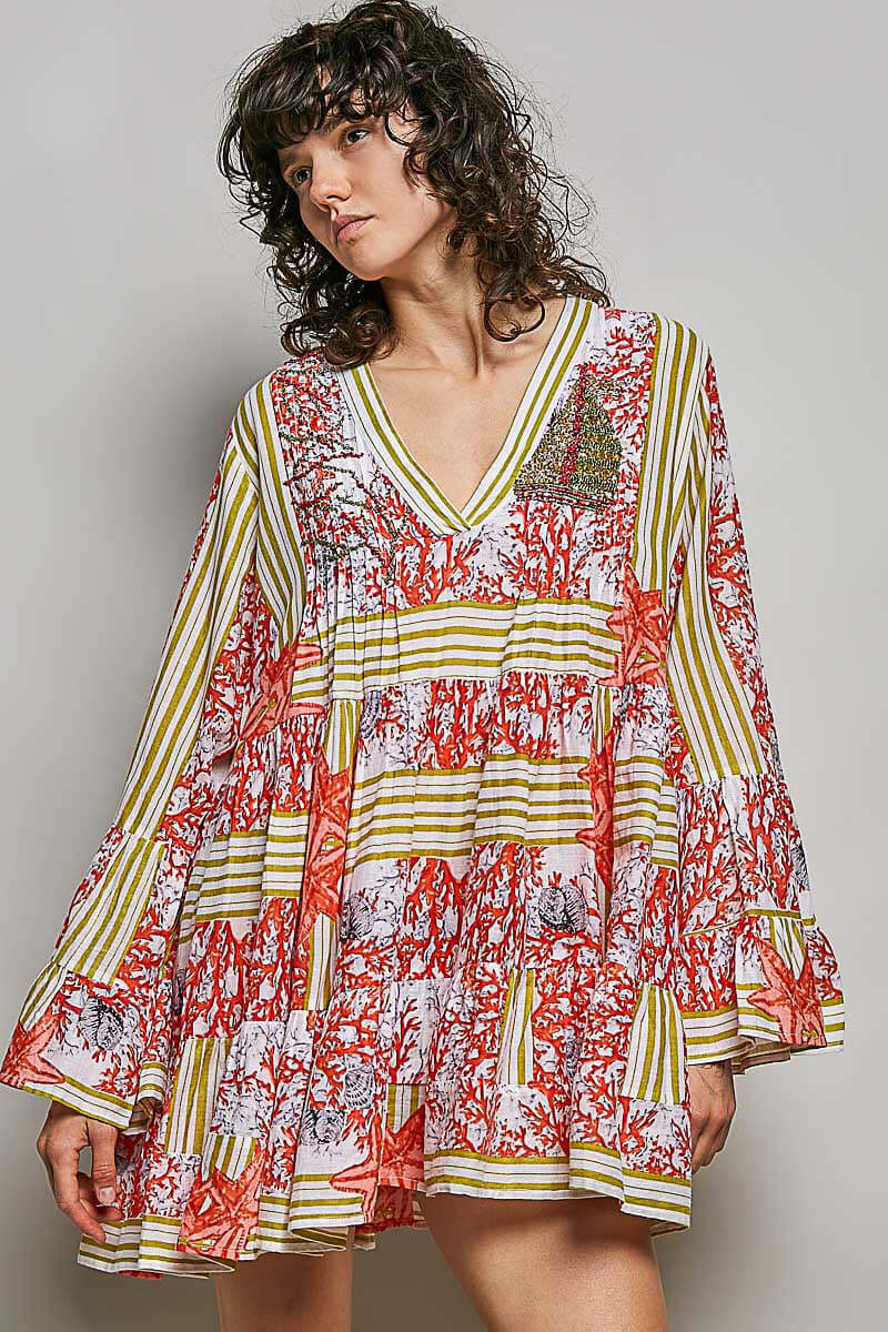 Red Striped Floral Long Sleeve Mini Dress with Pintuck Detail, Dresses, $ 60.00, A Moment Of Now™