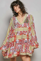 Red Striped Floral Long Sleeve Mini Dress with Pintuck Detail, Dresses, $ 60.00, A Moment Of Now™