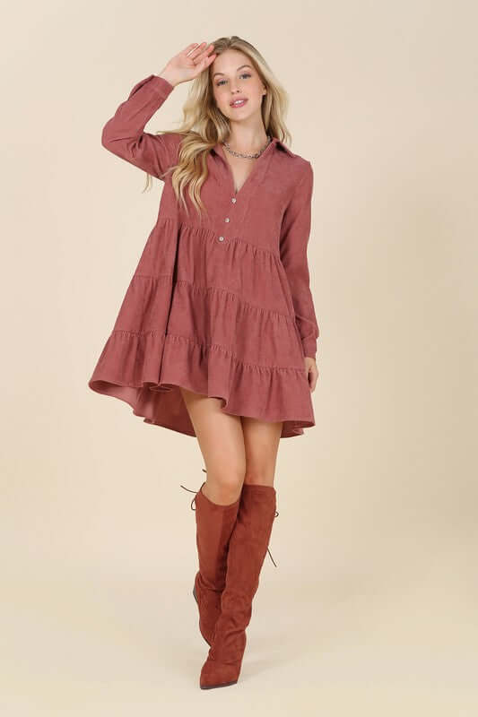 Women's Corduroy Long Sleeve Tiered Mini Dress | USA Boutique, Lilou, $ 46.95