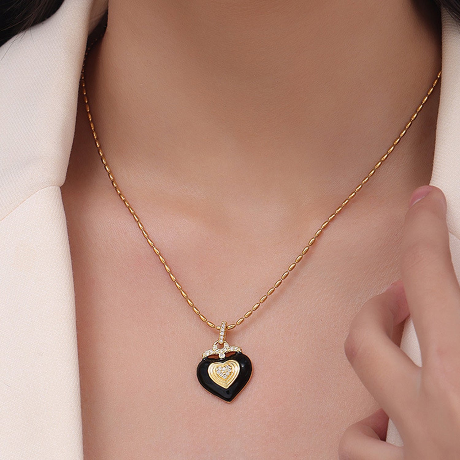 Titanium Steel Heart Shape Rhinestones Necklace
