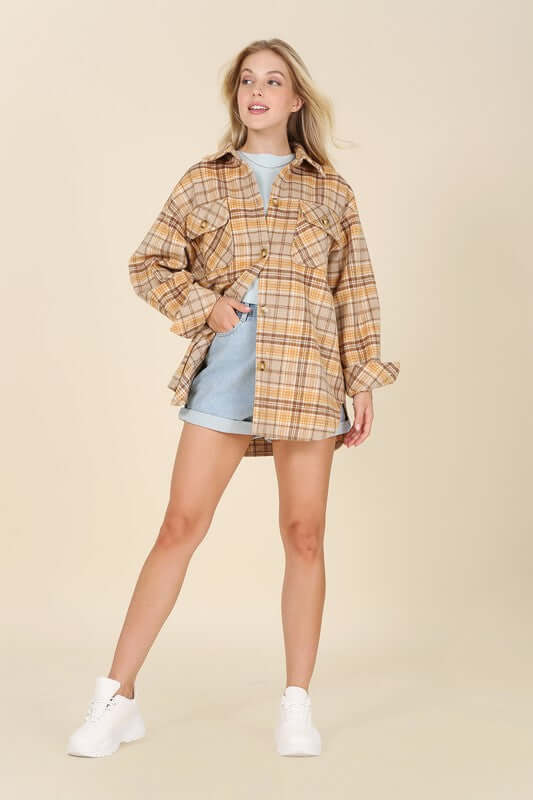 Brown Plaid Shacket with Pockets