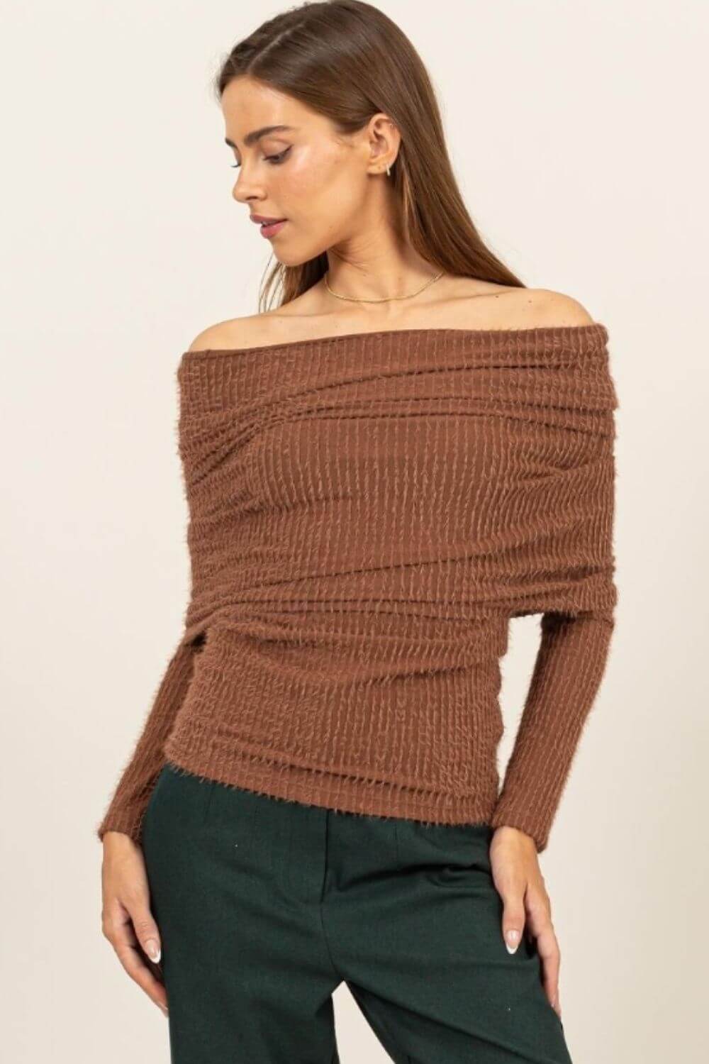 Mocha Brown Luxe Off-Shoulder Knit Top - Stylish & Comfortable, Tops, $ 35.00, A Moment Of Now™