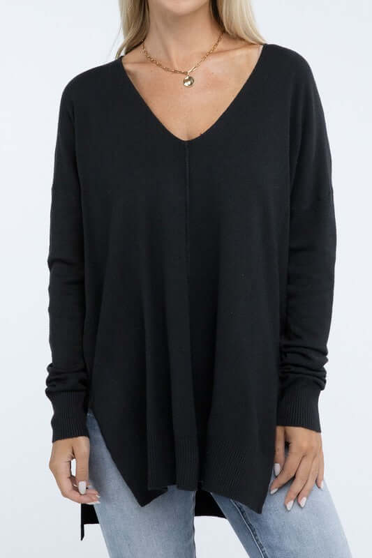 Women's Hi-Low Hem V Neck Front Seam Sweater | USA Boutique, ZENANA, $ 55.00