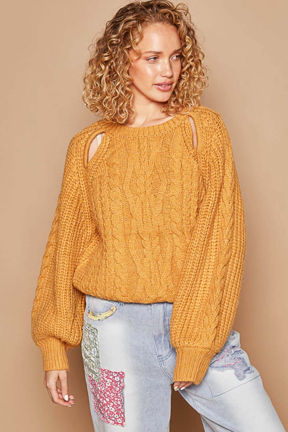 Honey Mustard Cable Knit Cutout Long Sleeve Sweater, POL, $ 49.00