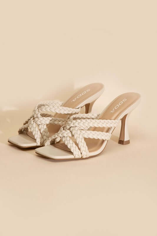 KELLAN-S Double Cross Braided Heels Sandals in Black White, Fortune Dynamic, $ 35.00