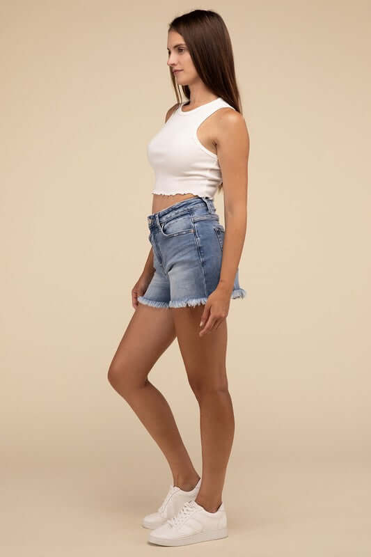 Medium Stone Wash Blue Mid Rise Raw Frayed Hem Denim Shorts, ZENANA, $ 45.00