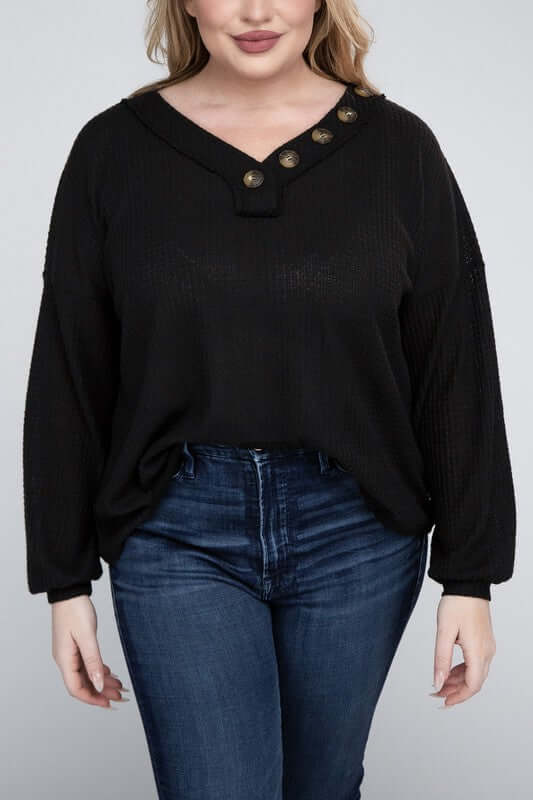 Plus Brushed Waffle V-Neck Button Detail Sweater, ZENANA, $ 28.00