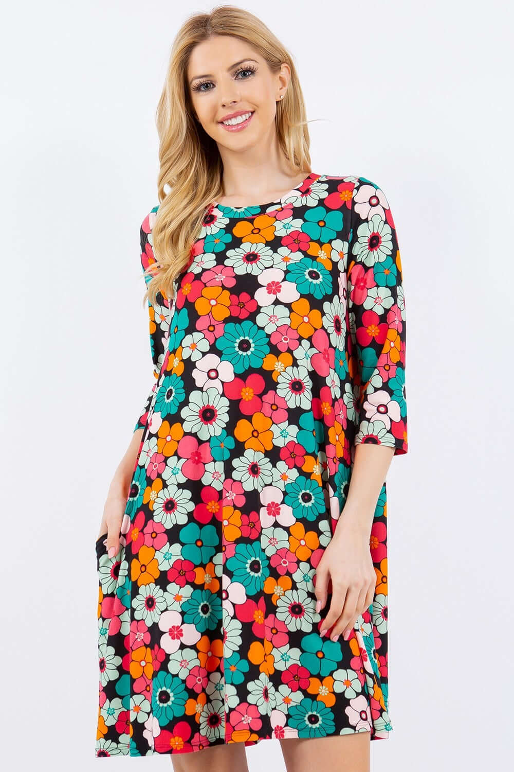 Black Floral Three-Quarter Sleeve Midi Dress with Pockets, Celeste, A Moment Of Now