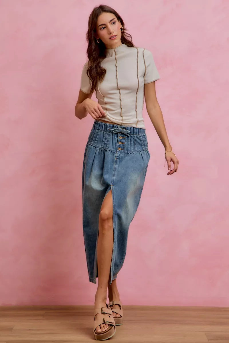 SO ME Pleated Washed Denim Skirt With Front Slit | Boutique In USA, Skirts, $ 69.00, A Moment Of Now™