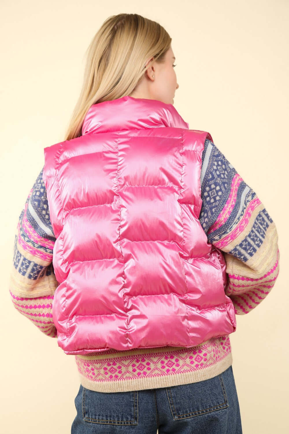 Pink Shiny Metallic Zip Up Puffer Vest - Trendy Winter Style, Puffer Vests, $ 49.00, A Moment Of Now™
