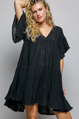 Ruffle Shirred V-Neck Short Sleeve Cotton Dress | Boutique In USA, Dresses, $ 57.00, A Moment Of Now™