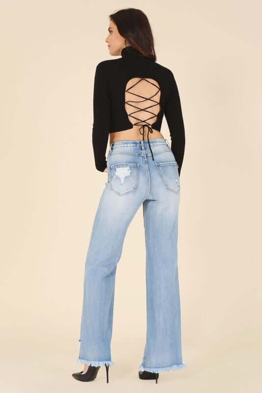 Mock Neck Lace-up Open Back Long Sleeve Top