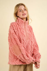 Blush Fuzzy Fleece Half Zip Cable Pattern Sweatshirt