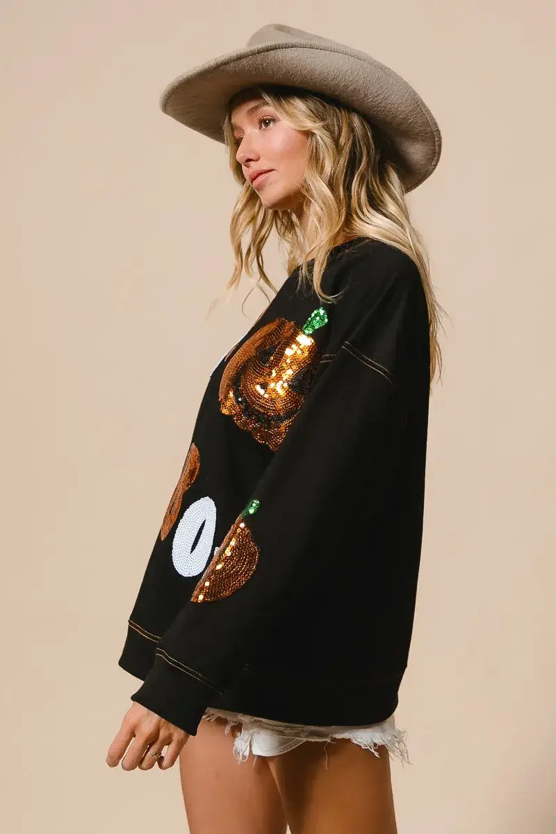 Black Halloween Sequin Embroidery Sweatshirt, Sweatshirts, $ 62.00, A Moment Of Now™