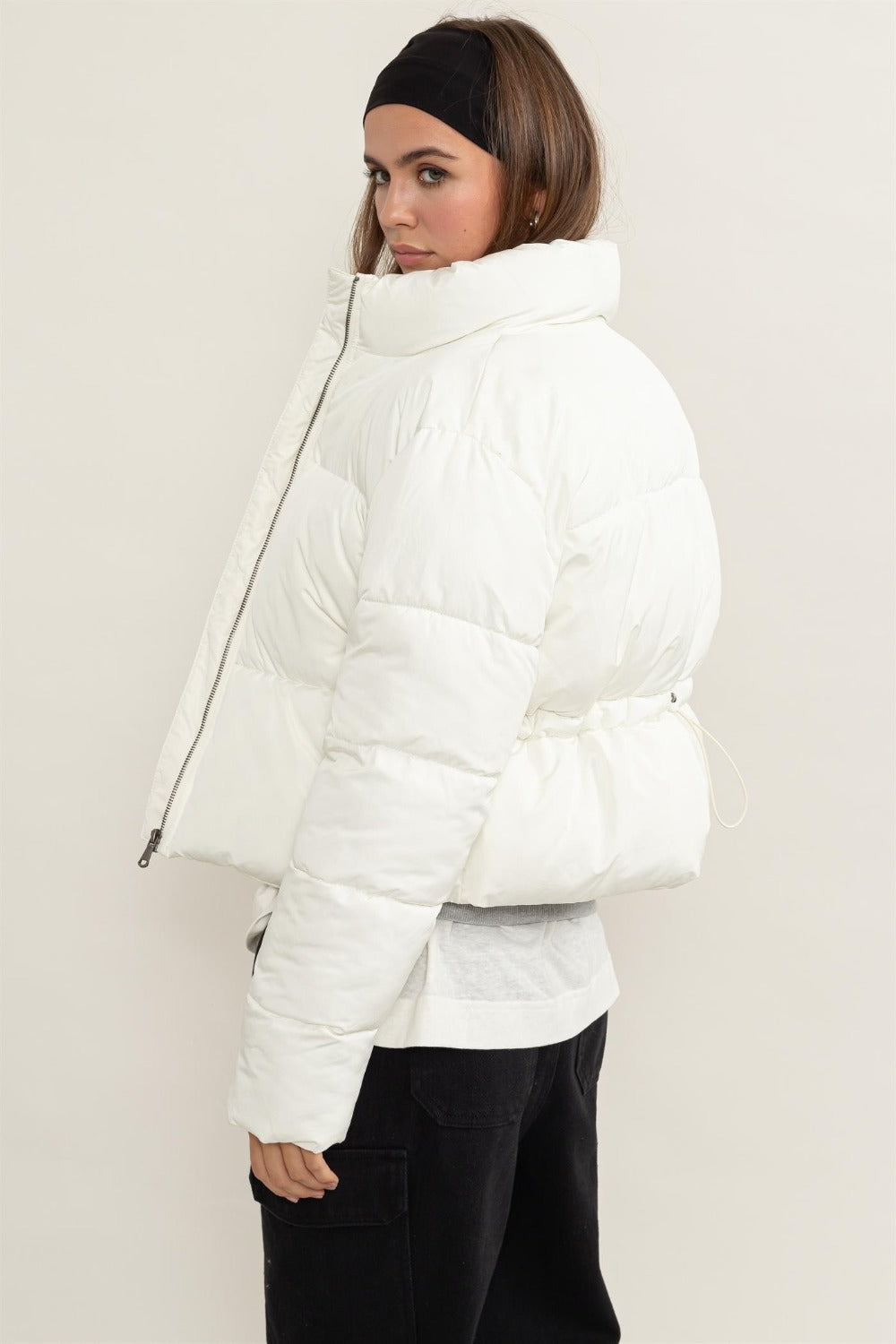 Cream White Quilted Back Drawstring Puffer Jacket