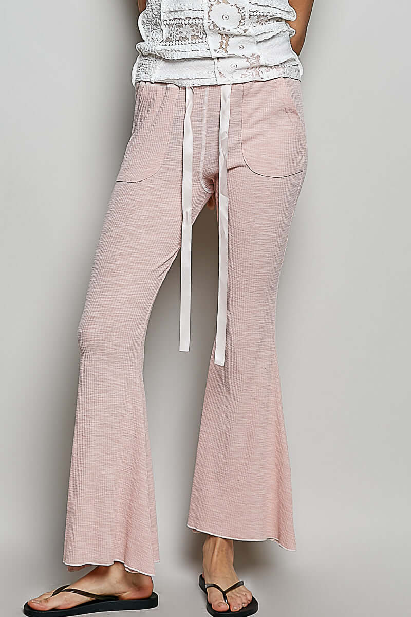 Blush Pink Drawstring Ribbed Knit Flare Pants | POL, Pants, $ 65.00, A Moment Of Now™