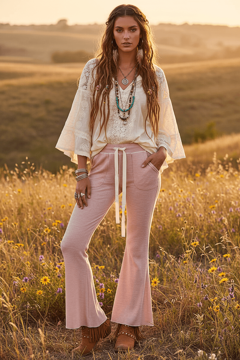 Blush Pink Drawstring Ribbed Knit Flare Pants | POL, Pants, $ 65.00, A Moment Of Now™