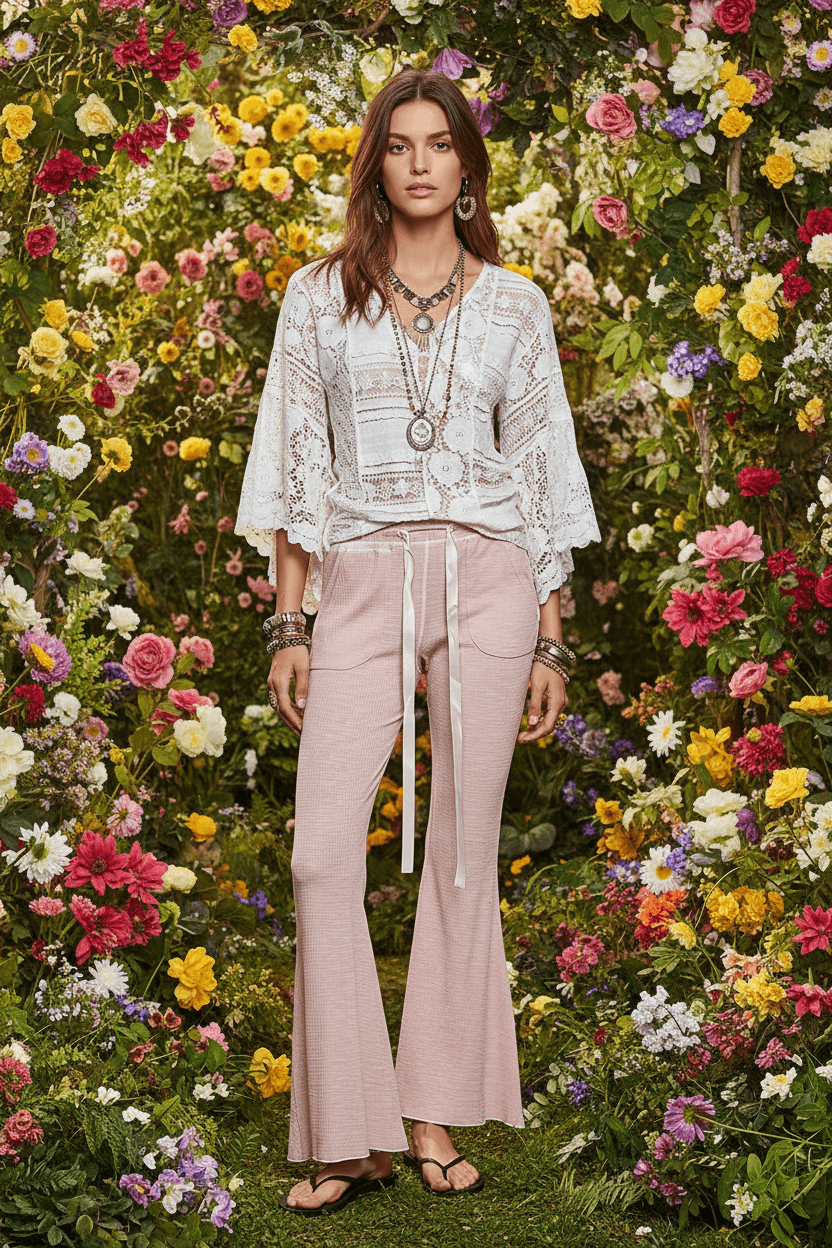 Blush Pink Drawstring Ribbed Knit Flare Pants | POL, Pants, $ 65.00, A Moment Of Now™