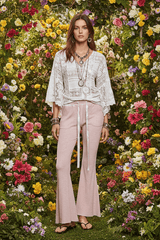 Blush Pink Drawstring Ribbed Knit Flare Pants | POL, Pants, $ 65.00, A Moment Of Now™