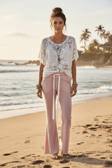 Blush Pink Drawstring Ribbed Knit Flare Pants | POL, Pants, $ 65.00, A Moment Of Now™