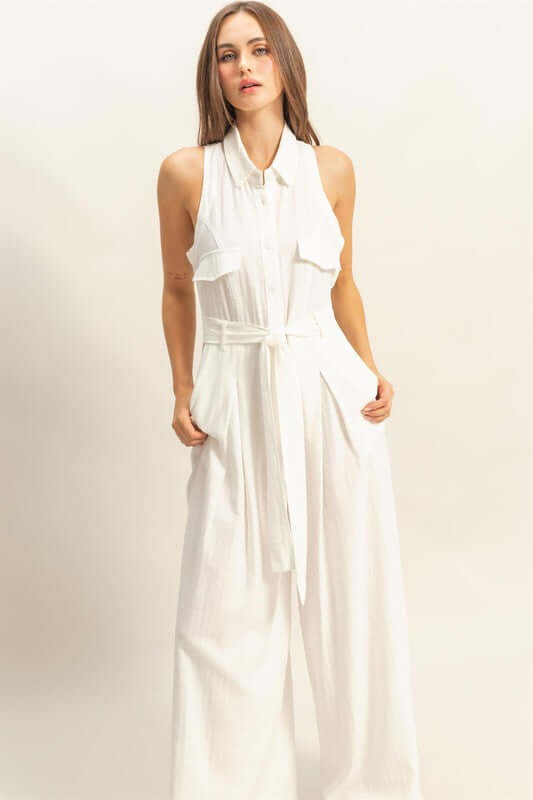 White Sleeveless Tie Waist Wide Leg Jumpsuit | Stylish Fit, Jumpsuits, $ 64.00, A Moment Of Now™