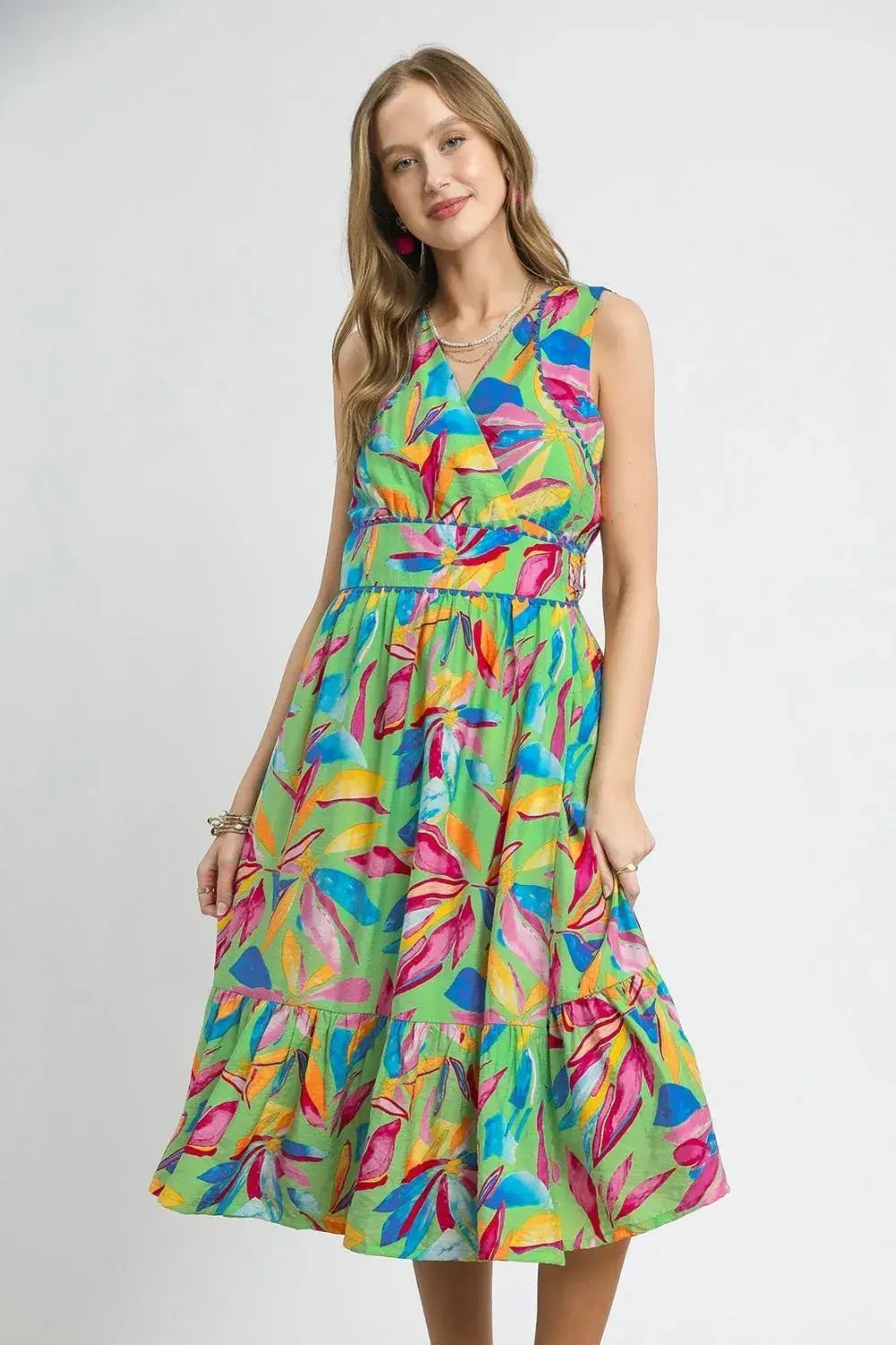 Green Ruffled Hem Printed Sleeveless Midi Dress, Dresses, $ 75.00, A Moment Of Now™