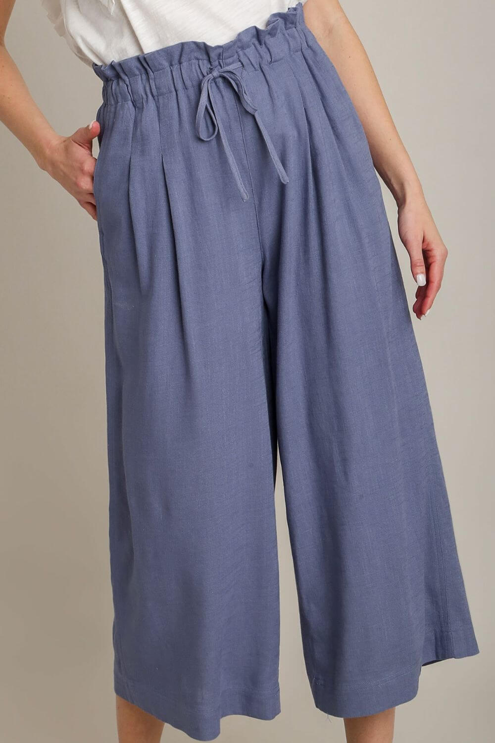 Dusty Blue Linen Wide Fit Pants with Drawstring, Pants, $ 59.00, A Moment Of Now™