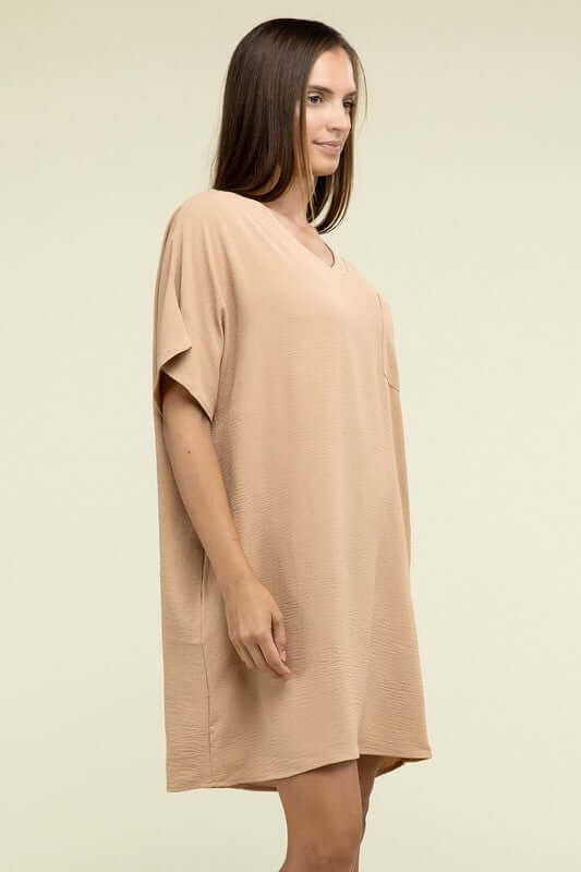 Causal Woven Airflow V Neck T-Shirt Dress with Pockets, ZENANA, $ 36.95