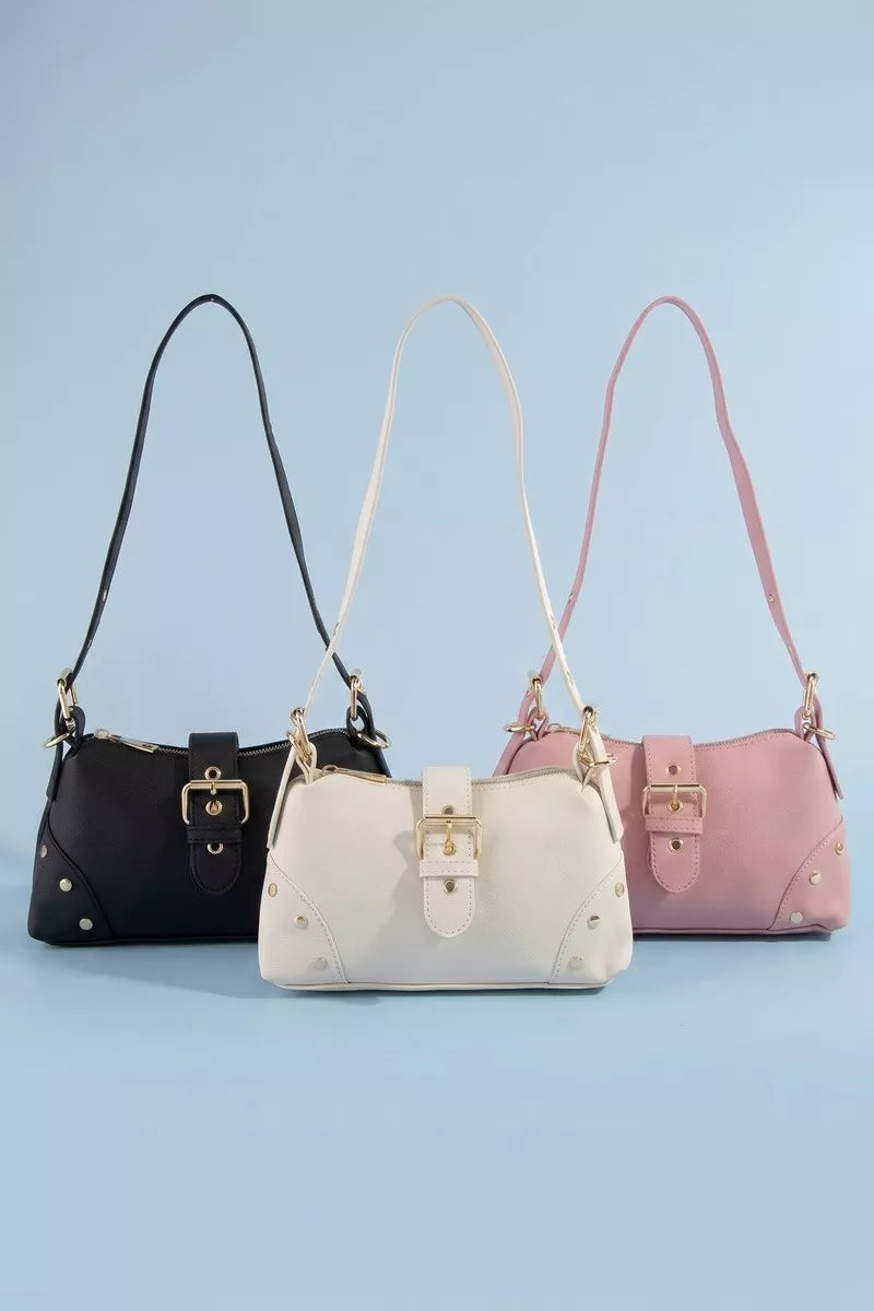 Studded Saffiano Buckle Strap Shoulder Bag | Boutique In USA, Shoulder Bags, $ 33.00, A Moment Of Now™