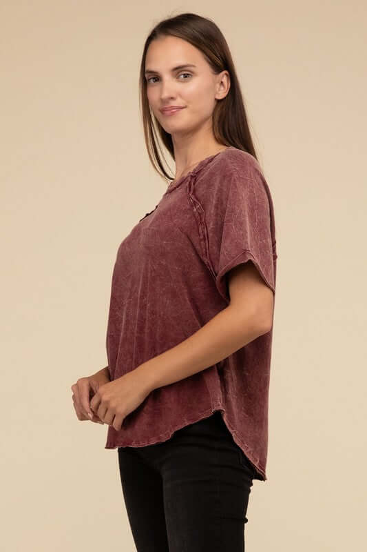 Back Patch Crinkle Washed Raglan Sleeve T-Shirt, ZENANA, $ 27.95