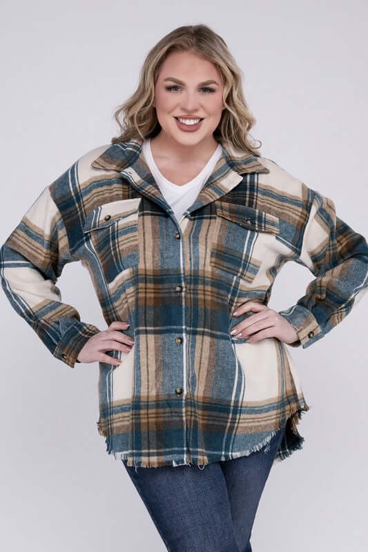 Plus Size Yarn Dyed Plaid Shirt Jacket Shacket