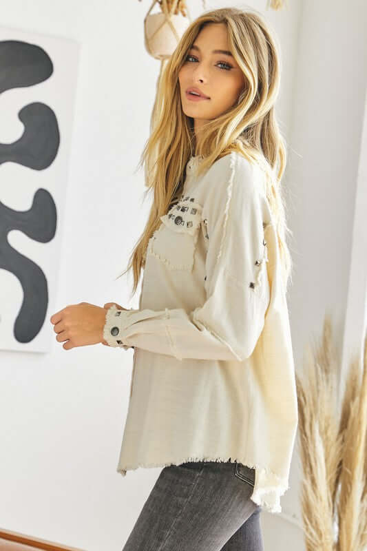 Plus Distressed hem button down oversize shirt, Davi & Dani, $ 69.00