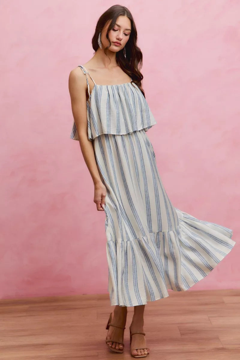 Stripe Tiered Shoulder Tie Midi Lined Dress | Boutique In USA, Dresses, $ 59.00, A Moment Of Now™