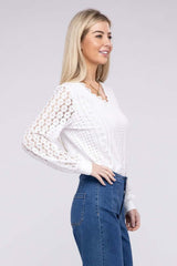 White V Neck Lace Trim Long Sleeve Top, Nuvi Apparel, $ 32.95