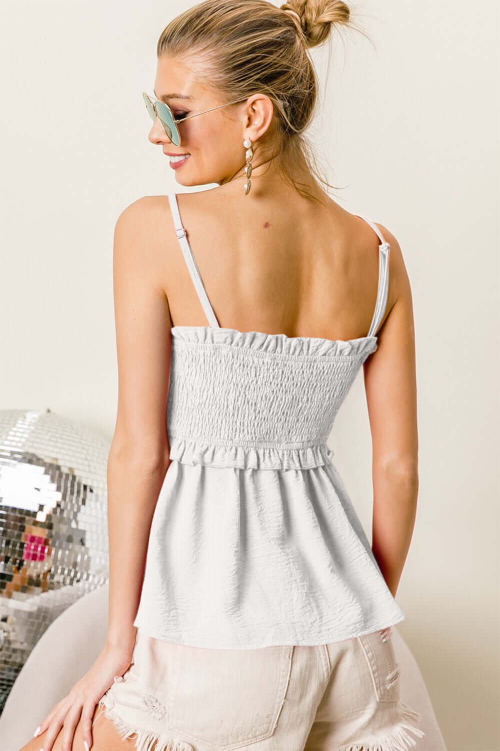 Ivory Ruffle Edge Smocking Babydoll Cami Top, BiBi, $ 35.00