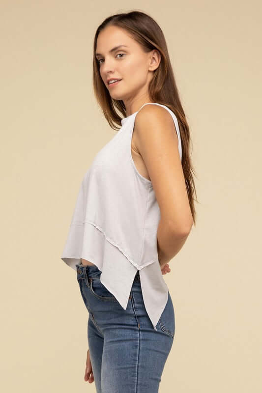 Women's Shark Bite Side Slit Short Sleeveless Top | USA Boutique, ZENANA, $ 25.95