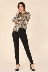 Brown Satin Leopard Long Sleeve Collared Blouse Shirt, Lilou, A Moment Of Now