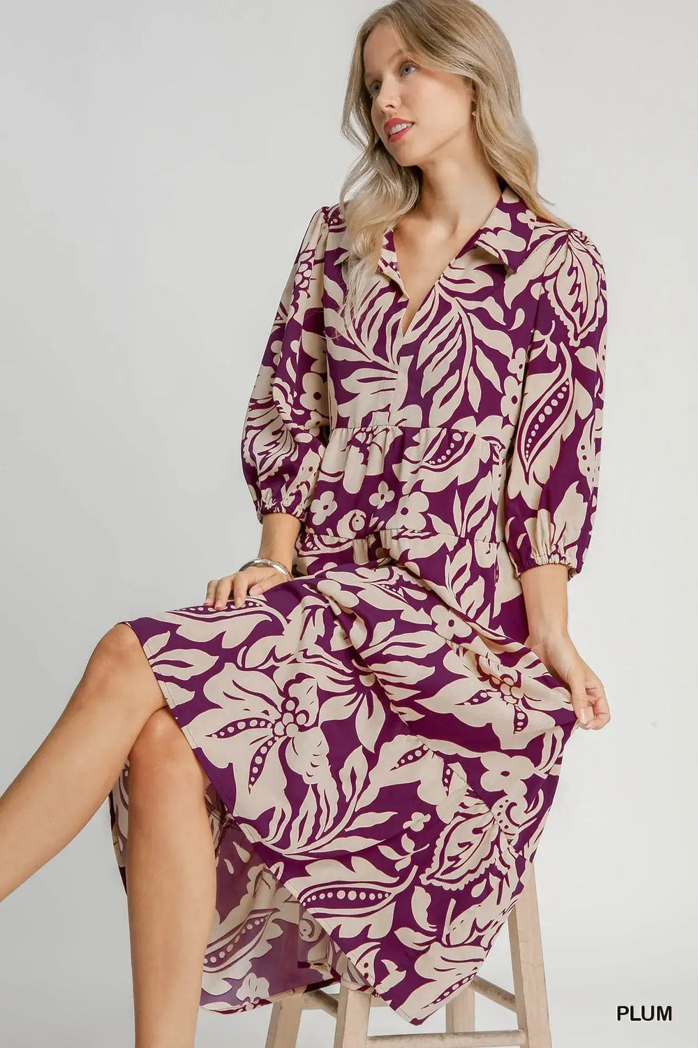 Plum Red Floral Print Tiered Midi Dress | Elegant Style, Dresses, $ 60.00, A Moment Of Now™
