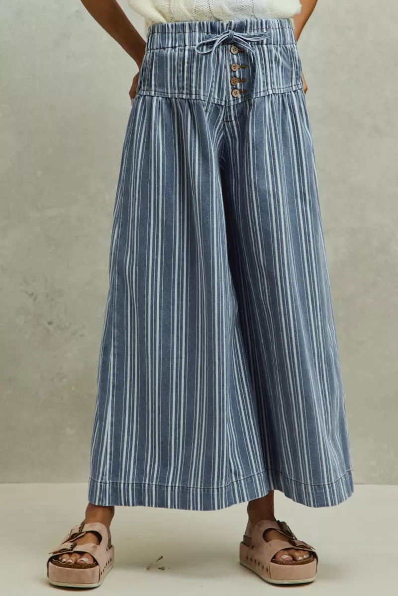 SO ME Mid Rise Stripe Denim Washed Pleat Wide Leg Pants, Pants, $ 69.00, A Moment Of Now™