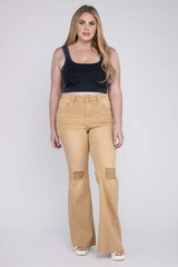 Plus Size Sand High Rise Distressed  Flare Jeans