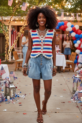 American Fourth Of July Stripe Button Down Vest Top