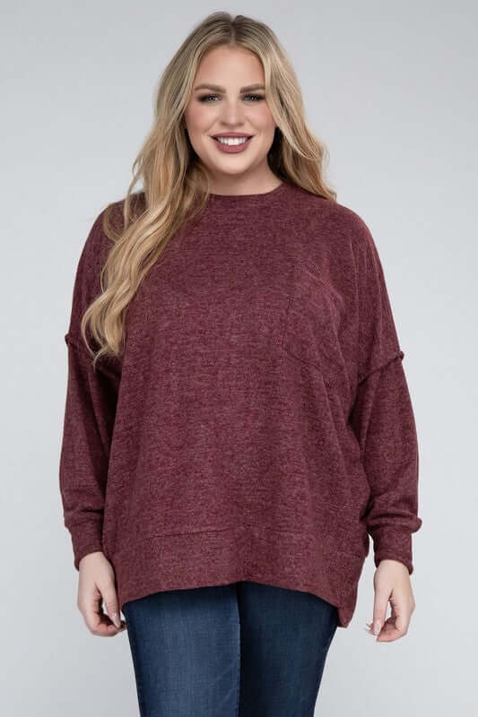 Plus Size Brushed Melange Drop Shoulder Sweater, ZENANA, $ 28.95