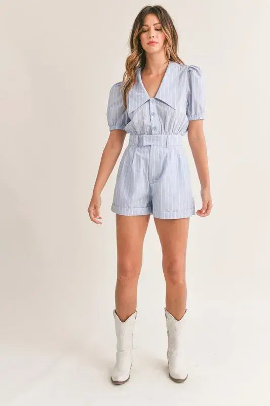 Light Blue Striped Puff Sleeve Collared Neck Romper - Chic Style, Rompers, $ 65.00, A Moment Of Now™